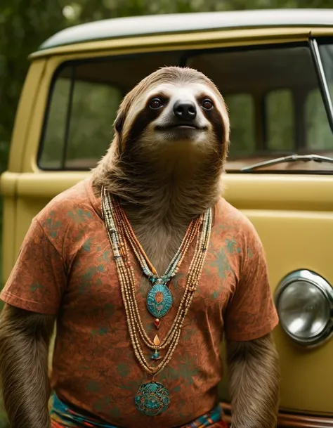 cinematic film still The image showcases a leisurely sloth, adorned in a vibrant tie-dye t-shirt and stylish jewelry, casually posing in front of a classic Volkswagen Microbus. The sloth's relaxed expression resonates with the laid-back atmosphere surrounding the scene. Captured in high quality, the image highlights intricate details, such as every colorful pattern on the tie-dye shirt and the intricate design of the jewelry. The image radiates a sense of nostalgia and serves as a playful representation of a unique and fashionable sloth. . shallow depth of field, vignette, highly detailed, high budget, bokeh, cinemascope, moody, epic, gorgeous, film grain, grainy