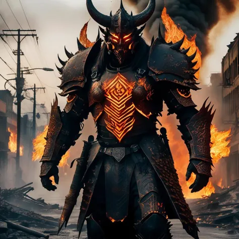 ((detailed fire demon )), wearing runes armor, ragnark, destroyed burning city street after nuclear blast flodded with ((black water:1.2)), post apocalyptic, warzone, ((fire)) , smoke