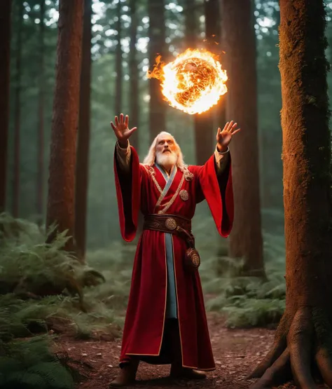 cinematic photo Award winning from crimson robbed wizard, mage, casting a fireball spell in a forest, amazing details, wizard robe, dnd, dragonlance, lord of the rings, pathfinder, best quality, amazing details, masterpiece, 35mm photograph, film, bokeh, professional, 4k, highly detailed