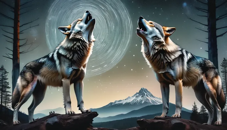 surreal double exposure portrait of a beautiful howling wolve in dark mountain forest scenery against star trail starry night, by Dave White, Conrad Roset, Brandon Kidwell, Andreas Lie, Dan Mountford, Agnes Cecile, triadic colours, thick opaque strokes, accurate depth of field, hyper detailed, whimsical, dynamic, dreamy masterwork