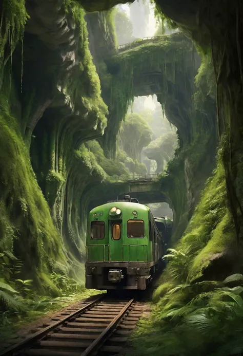 a train traveling through a lush green forest, overgrown cave, in style of james paick, inhabited on many levels, hyper realism aesthetic, lost temple, photorealism, metro, railroad, ancient japan