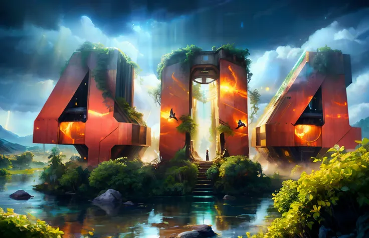 breathtaking futuristic water world, trees, mountains, stormy sky, text: "404" broken stone, overgrown with weeds, a stream flowing through and a stormy sky background, photo, poster, 3d render, typography, cinematic, painting, illustration, dark fantasy, vibrant . award-winning, professional, highly detailed