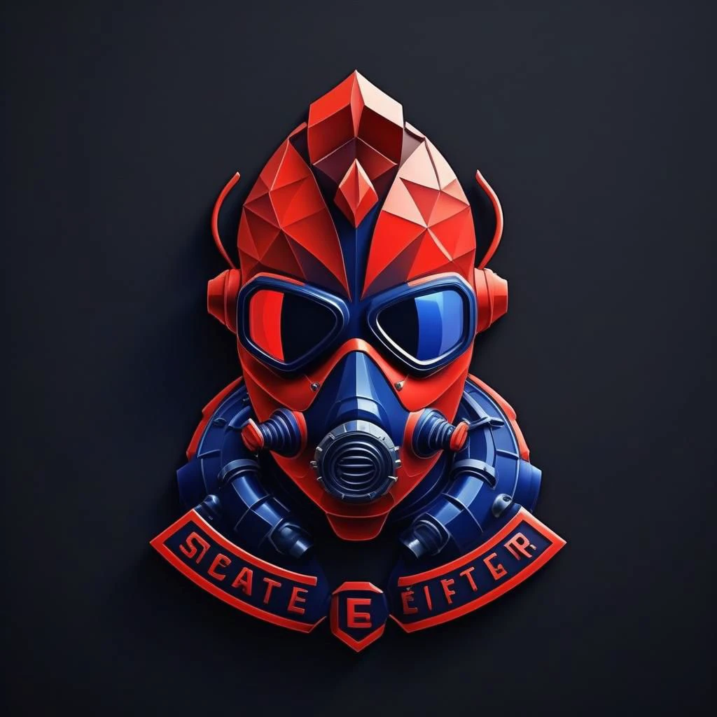 logo of "E5i", master piece app logo,(scuba diving:1.4) , (computer:1.5) cyber security , themed colors (black ground , red , dark blue) designed by legendary logo designer , low poly , simple