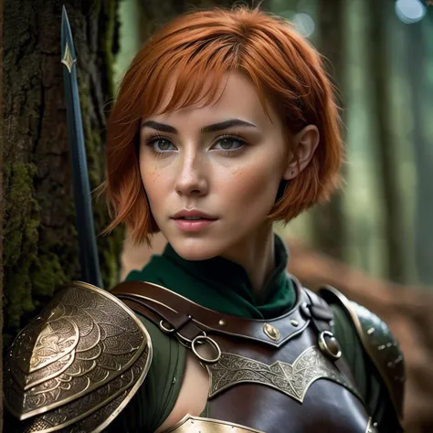 elven_woman,short hair,stockings, armor, freckles, RAW candid cinema, 16mm, color graded portra 400 film, remarkable color, ultra realistic, textured skin, remarkable detailed pupils, realistic dull skin noise, visible skin detail, skin fuzz, dry skin, shot with cinematic camera, high quality photography, 3 point lighting, flash with softbox, 4k, Canon EOS R3, hdr, smooth, sharp focus, high resolution, award winning photo, 80mm, f2.8, bokeh