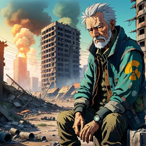 anime artwork ((drawing:1.5)), 2D, sad old man in a post apocalyptic destroyed city after nuclear blast, newdawn, closeup . anime style, key visual, vibrant, studio anime, highly detailed