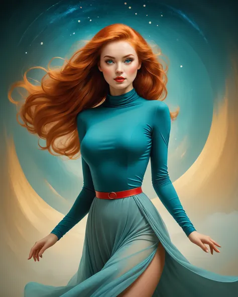 award-winning photo of a beautiful stshpo woman, redhead, teal and azure garment, stunningly beautiful, masterpiece, ultra high quality, ethereal, captivating, awe beauty, floating dust, contrapposto, volumetric Romantic lighting, 105mm Petzval lens, sharp focus, F0.8 Aspherical, 8k, tonemapped, <lora:PAINTED_ANIMATION_ART-STYLEV3:0.5> <lora:FF-Style-Kazimir-Malevich-v2.LoRA:0.75> in the style of kazimir malevich