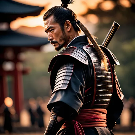 Movie Stills, Samurai, Grim, Ponytail, Masterpiece, Best Quality, Dynamic Position, Super Detailed, (Samurai Costume), Shallow Depth of Field, Vignette, Highly Detailed, High Budget, Bokeh, Cinema Wide, Moody, Epic , gorgeous, film grain, grainyeye-contact,sunset,torii,