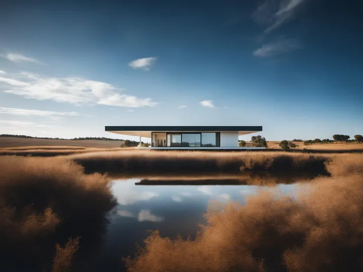 a photo of a modern house in Alentejo, a beautiful composition with the landscape, near of a riverbed, epic sky, 500px, in the style of Srgio Merces