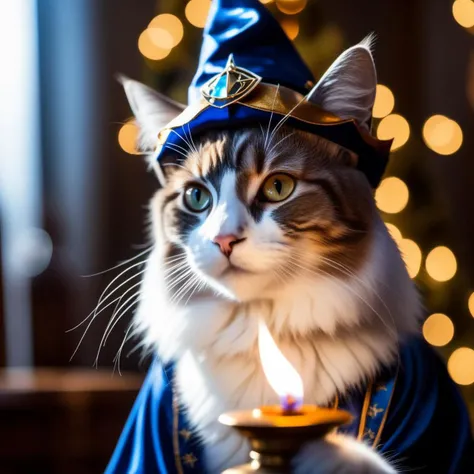 a cat, ((wizard outfit)), epic scene, dynamic camera, backlight, (close up:1.2), high quality photography, 3 point lighting, flash with softbox, 4k, Canon EOS R3, hdr, smooth, sharp focus, high resolution, award winning photo, 80mm, f2.8, bokeh