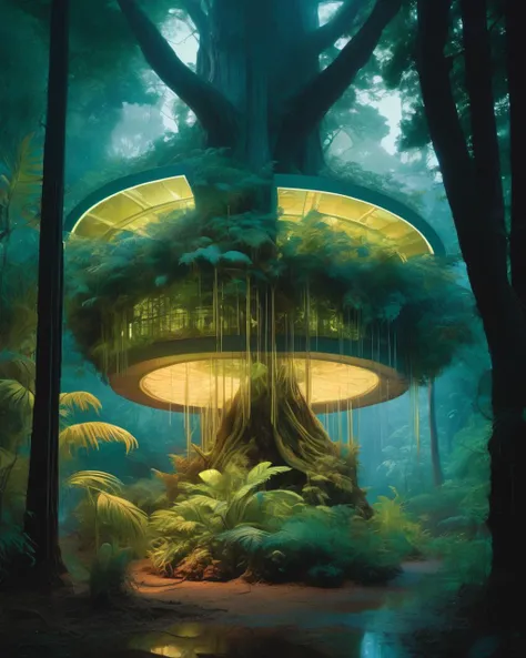 Synthetic rainforest, bioluminescent flora casting an otherworldly glow, towering data trees hosting encrypted knowledge., Sentient generative art installations in the style of Jenny Sabin, immersive, textile-driven, AI's architectural textiles., Filip Hodas, edward hopper and james gilleard, a matte painting, american scene painting , Interwoven Realities: Todd Solondz's influence adds depth to an ornate tableau, with Angela Deane's patterns merging seamlessly with Martine Johanna's highly detailed characters.
