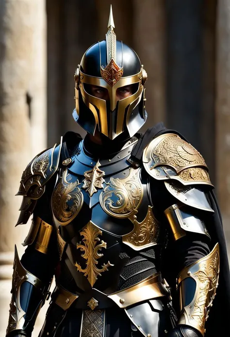 (8K, masterpiece, award winning photo:1.3), (ultra highres, absurdres, ultradetailed, sharp focus, realistic colors:1.1), (hyperdetailed art of a paladin in black holy armor with cape, broadsword on back, visored medieval helmet), (perfect lighting, detailed shadows), Holy symbols