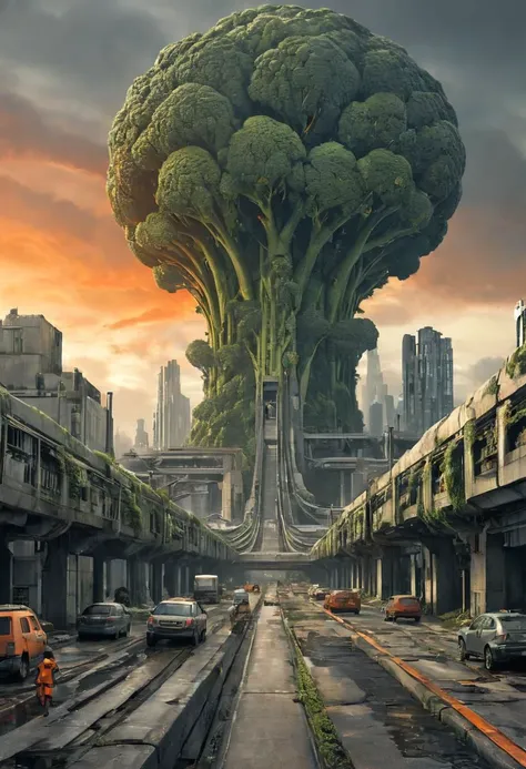 district 11 cover art style, long beton road to huge gigantic monumental broccoli in the far, in dystopian sci-fi urban city, grey orange atmosphere