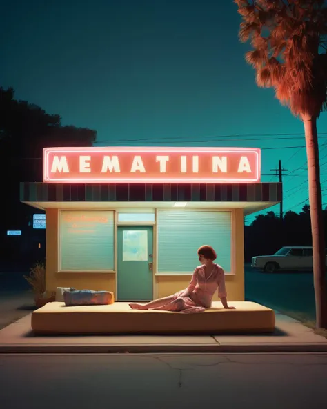a woman laying on a mattress in front of a store , a motel sign lit up in the dark, Sentient generative art installations in the style of Jenny Sabin, immersive, textile-driven, AI's architectural textiles., Filip Hodas, edward hopper and james gilleard, a matte painting, american scene painting , Interwoven Realities: Todd Solondz's influence adds depth to an ornate tableau, with Angela Deane's patterns merging seamlessly with Martine Johanna's highly detailed characters.
