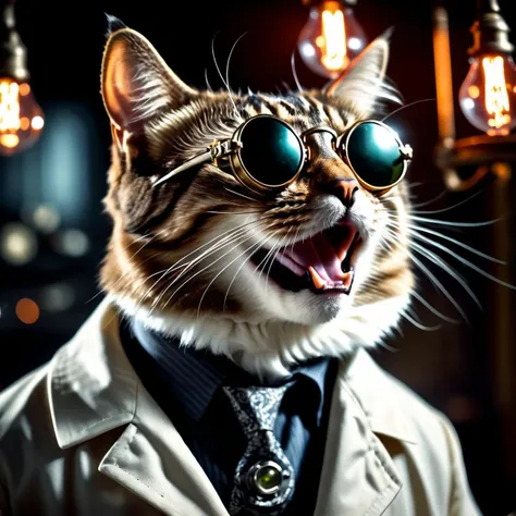 cinematic film still old evil scientist, (((cat))), psycho, laughing, science coat, dark experiments, electricity sparks, victorian, dark science lab, steampunk sun glasses, dark atmosphere, Homunculus . shallow depth of field, vignette, highly detailed, high budget, bokeh, cinemascope, moody, epic, gorgeous, film grain, grainy