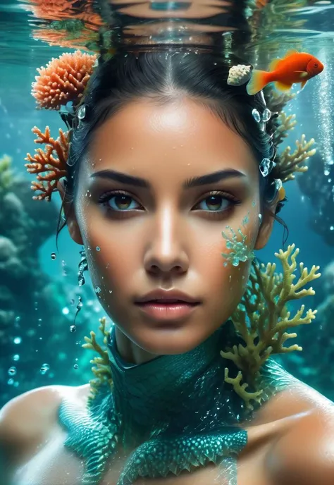 isometric style 1 water monster woman, corals and moles grow on neck and face, sci-fi, creepy mood, Macro Lenses, Double exposure, montage photography, lsometric anime, 2K, HDR, Translucent body, (masterpiece,best quality:1.5), ultra realistic,32k,RAW photo,(high detailed skin:1.2), 8k uhd, dslr, soft lighting, high quality, film grain, worms on the face, Water splashing vigorously on face, 006 zerozerosix, (4k Resolution:1.1), (best quality:1.1), detailed face and eyes, argyle background blur . vibrant, beautiful, crisp, detailed, ultra detailed, intricate