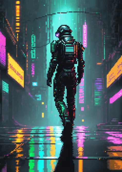 (( screenshot from a game of 90s , Tech noir rainstorm, torrents of data rain falling from the virtual sky, neon reflections shimmering on wet asphalt. , pixel art, 1996 gameplay )), in Extravagant a photo Time-Lapse of a Cybersuit Robo-explorer , Industrial , Close-Up, Candid, Profile, Gaze , Cyber-urban , Blade punk , Galactic rebellion , Virtual haven ,<lora:pixel-art-xl:1.0>