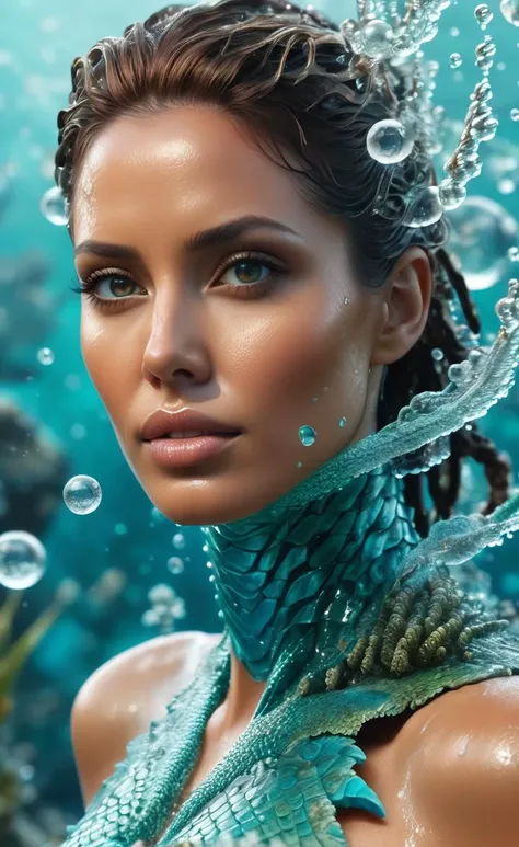isometric style character 3D, 1 water monster woman,agelina jolie, thousand corals and moles grow on neck and face, sci-fi, standing in fighting mood, Macro Lenses, 2K, HDR, Translucent body, (masterpiece,best quality:1.5), ultra realistic,32k,RAW photo,(high detailed skin:1.2), 8k uhd, dslr, soft lighting, high quality, film grain, worms on the face, Water splashing vigorously on face, 006 zerozerosix, (4k Resolution:1.1), (best quality:1.1), detailed face and eyes, aqua background, bubbles, full-body shot . vibrant, beautiful, crisp, detailed, ultra detailed, intricate