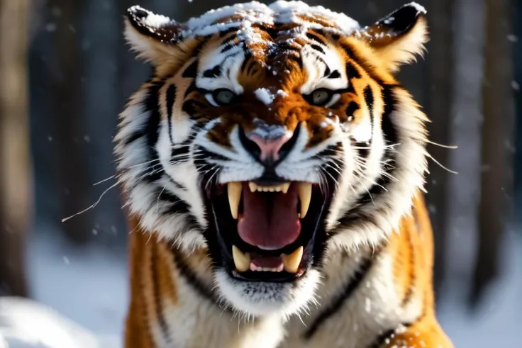 1 big angry siberian tiger running through the snowy taiga towards the camera, (seeming and bloody coat:1.2), mouth wide open, (long deadly fangs:1.1), high detailed, right before attacking the camera man, in motion, award winning photo, photo realistic, uhd, 8k