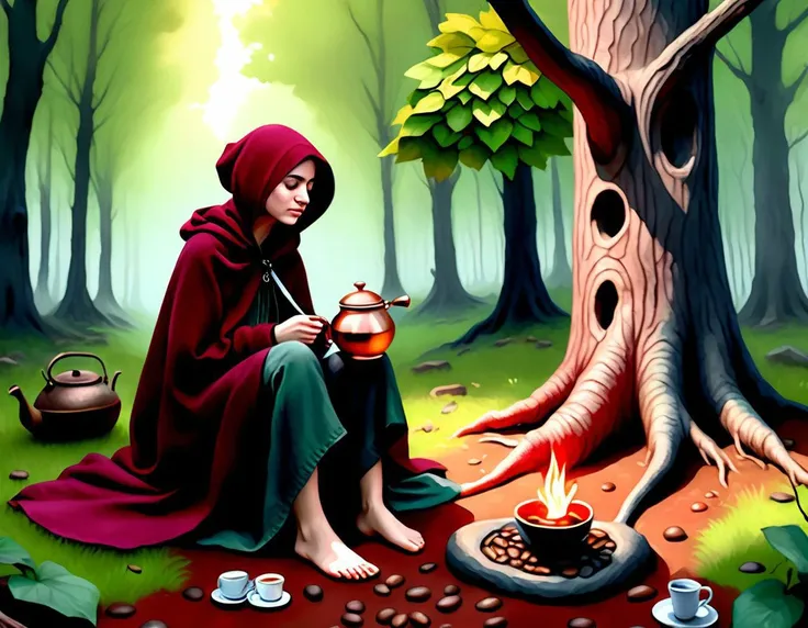 A young woman in an very dark red felted wool cloak boils coffee in a small copper pot in her campsite in the deep eastern european woods on a very foggy spring morning, She is a no-nonsense adventurer in the 17th century travelling up from Istanbul, Her large backpack is resting against a tree, The bark on the trees and the loam of the forest floor is highly detailed, the copper pot rests on a cast iron trivet above a bed of warm charcoal which is all that remains from the evening's fire, the cute girl's axe is sheathed and belted into her backpack resting against a tree, her campfire is ringed with flat stones found from the surrounding woods, warming her hands on an enamelled mug, hyperdetailed painting in watercolor graphite and ink, low + realistic fantasy, inspired by the deed of paksenarrion