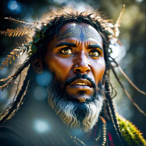 Long exposure photo of awardwinning photography, a vae_druid is looking into the sky, detailed face . Blurred motion, streaks of light, surreal, dreamy, ghosting effect, highly detailed