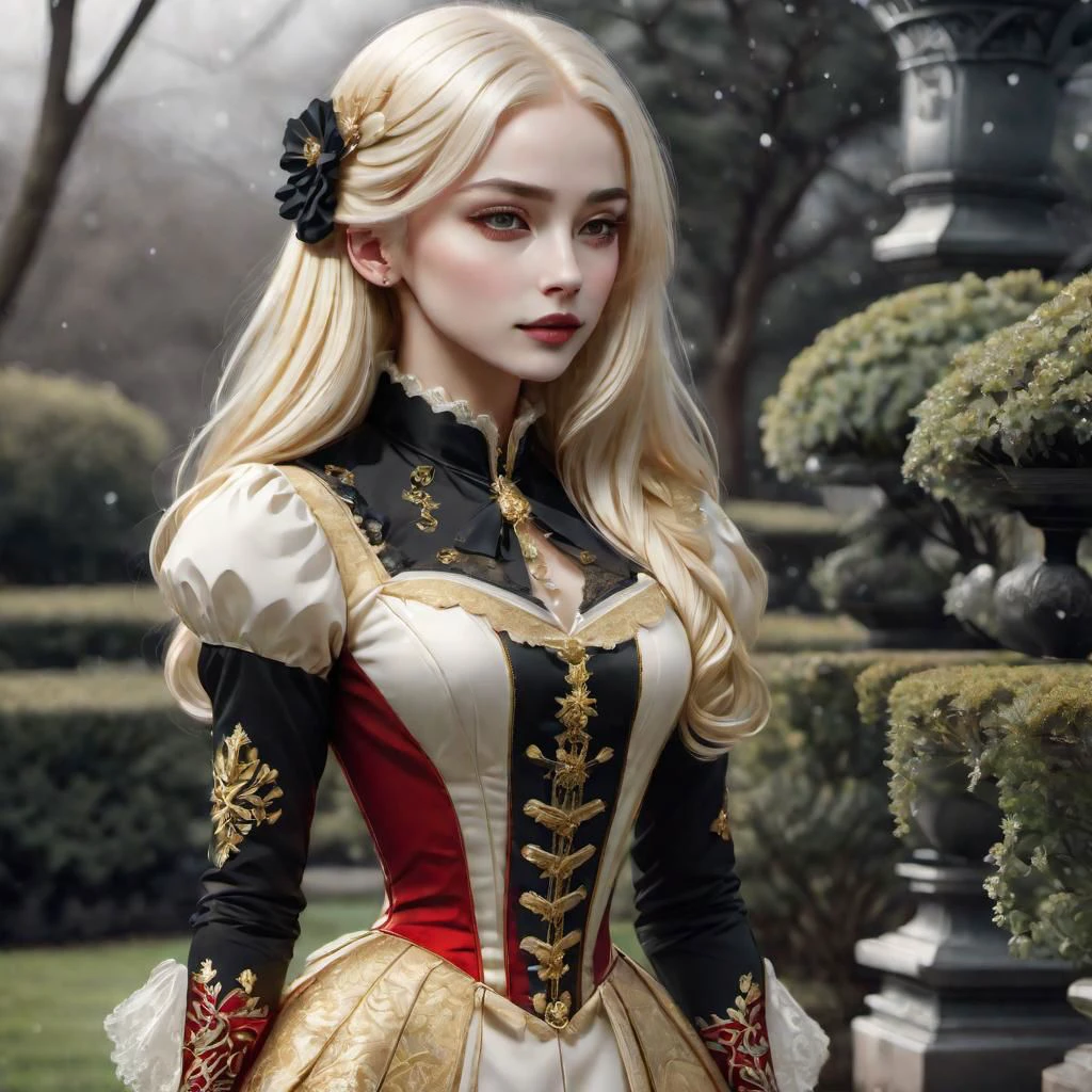 high contrast, golden layered lines, full body shot, illustration, masterpiece, full body picture, esoteric astrology, portrait, shy, serious, symmetrical eyes, beautiful face, 1girl, snow white skin, Long flowing platinum hair, scarlet Victorian dress, black long gloves, high collar, in the garden, snowing, dark background, FrostedStyle, victorian era.