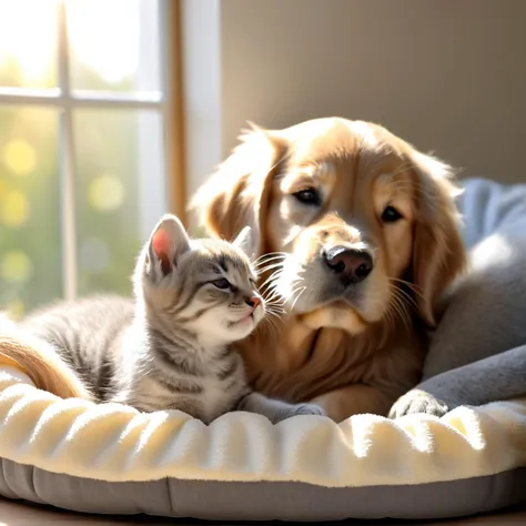 Adorable grey tabby cat and golden retriever puppy peacefully laying together in a cozy pet bed, puppy is licking cat's head, laying by a window with sunlight shining in, heartwarming, cute expression, relaxed eyes, realistic shading, 4k resolution, heart-melting masterpiece