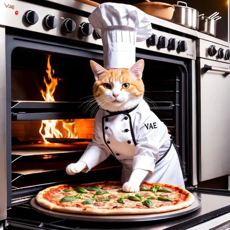 a cat chef is baking a pizza with the text "VAE" on it in an ofen