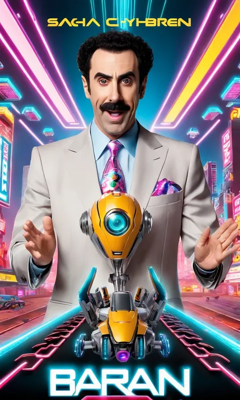 cybernetic style, (cyberpunk:1.7), (action-packed:1.35), (Sacha baron Cohen as borat:1.7) (cyborg hands:1.55), extremely stupidly happy, cyberpunk 2077 epic game poster by john Wilhelm, ultra-wide close shot, best quality, active pose, busy background, 8k, <lora:add-detail-xl:1> <lora:sd_xl_offset_example-lora_1.0:1>, punk , art by Quentin Blake, futuristic, technological, cybernetic enhancements, robotics, artificial intelligence themes