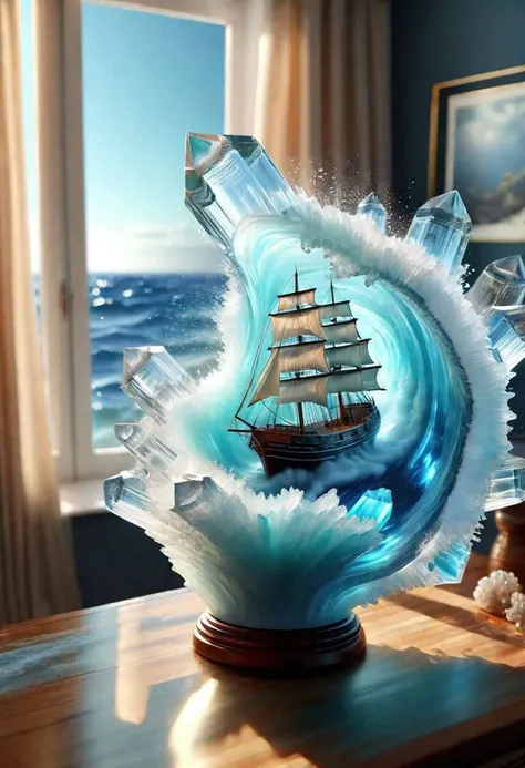 small ship in an open bottle, strong ocean waves, storm,water spray, wind, extreme detail, 3d view, breaking glass, backlight,viginette,4k wallpaper, window ledge, curtains