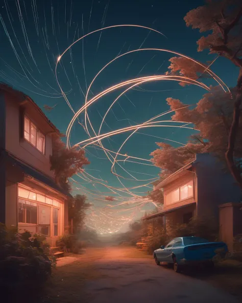 Astrophotography, Night Sky, Star Trails, Celestial Wonders , Authentic, Powerful, Storytelling, Real Life, Swarm-sculpted installations reminiscent of Calder, collaborative, emergent, evolving, AI and swarm dynamics in art., Filip Hodas, edward hopper and james gilleard, Temporal Harmony: A scene that marries Chie Yoshii's smooth strokes with Wlop's ethereal characters, all set within an intricately detailed environment that defies the boundaries of time.