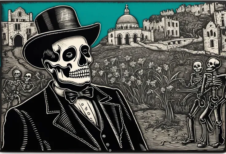 Dansemacabre ink on cardstock highly detailed woodcut relief of a day of the dead card close up on Patrick McGoohan as The Prisoner in his 1960's black suit with white piping with the Turquoise copper dome of Portmeirion Village behind one shoulder.
Border of Portmerion's Welsh Daffodils winding around the card border. This card was printed by hand-pressed woodcut relief and we can see where the ink did not fully adhere.
At the bottom of the card is the text: "I am not a number, I am a free man!"
<lora:dansemacabre:1.50>,