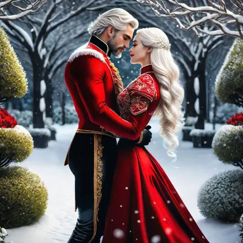 high contrast, golden layered lines, full body shot, illustration, masterpiece, full body picture, romantic, symmetrical eyes, beautiful face, 1girl, snow white skin, Long flowing platinum hair, scarlet dress, black long gloves, high collar, embracing her male lover, their bodies entwined and kissing, in the garden, snowing, dark background, FrostedStyle,