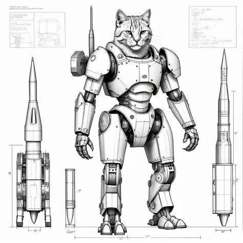shemetric drawing of a ikea battle cat, sharp edges, mounted rocket launcher, armor