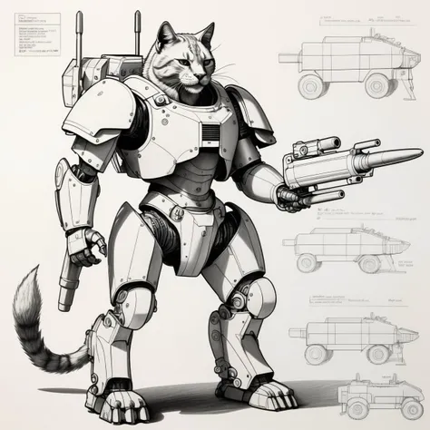 shemetric drawing of a ikea battle cat, sharp edges, mounted rocket launcher, armor