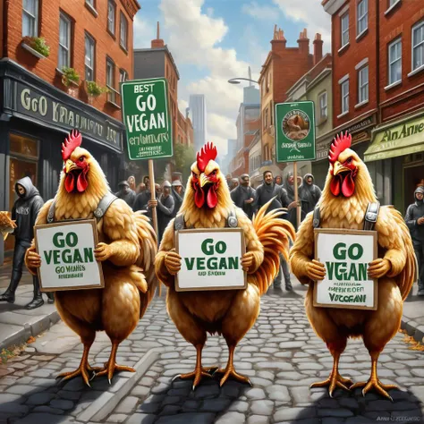 A group of humanoid angry chickens demonstrating in the street and carrying (signs with text "go vegan"), busy street with demonstrating people in background, best quality, amazing details, masterpiece, highly detailed, (((art by anne stokes)))