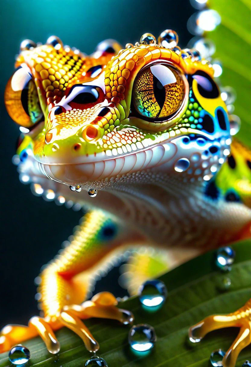 fractal Gecko, glass water drops, transparent skin, close-up, hyper detailed, trending on artstation, sharp focus, studio photo, intricate details, highly detailed, by greg rutkowskimasterpiece, best quality, 8k . 35mm photograph, film, bokeh, professional, 4k, highly detailed