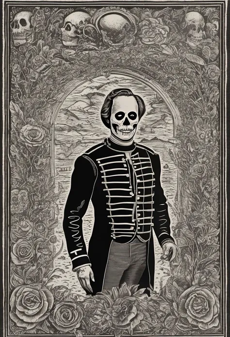 Dansemacabre black and white highly detailed line art illustrating a day of the dead card with a close up portrait of Patrick McGoohan as The Prisoner in his black 1960's formal suit with white piping situated in Portmeirion Village.
Border of various native Flor de Muerto winding around a complicated card border. This card was printed by hand-pressed engraved woodcut in a printing press and we can see where the ink did not fully adhere.
<lora:dansemacabre:1.50>,