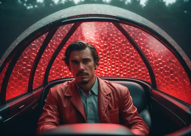 (( a man is sitting in a car with a red light )), in Retro-fitted a photo Candid of a Time travel paradox Holo-archive , Geodesic dome , Majestic, Untamed, Instinct, Ecosystem , Ambient , Rain-soaked , Space colony , AI muse ,