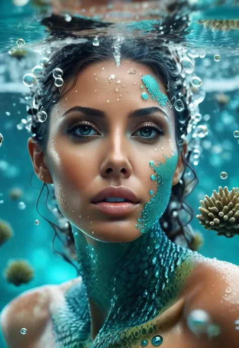 isometric style character 3D, 1 water monster woman,agelina jolie, thousand corals and moles grow on neck and face, sci-fi, creepy mood, Macro Lenses, Double exposure, montage photography, lsometric anime, 2K, HDR, Translucent body, (masterpiece,best quality:1.5), ultra realistic,32k,RAW photo,(high detailed skin:1.2), 8k uhd, dslr, soft lighting, high quality, film grain, worms on the face, Water splashing vigorously on face, 006 zerozerosix, (4k Resolution:1.1), (best quality:1.1), detailed face and eyes, aqua background, bubbles, full-body by . vibrant, beautiful, crisp, detailed, ultra detailed, intricate