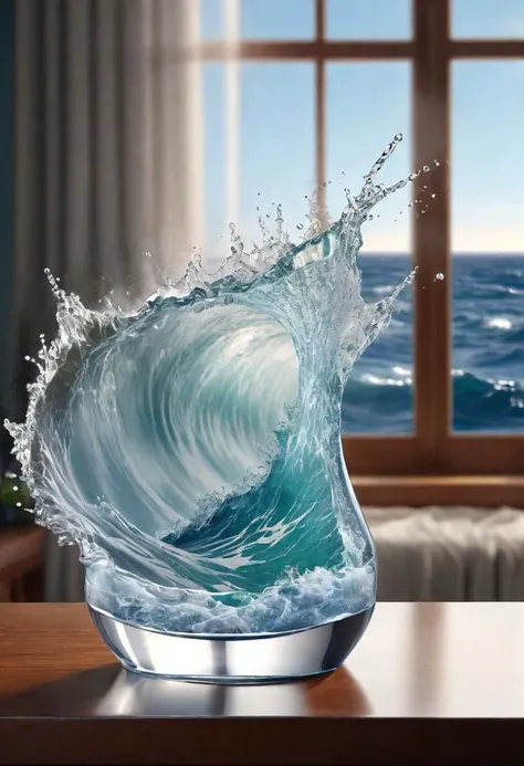 small ship in an open bottle, strong ocean waves, storm, water spray, wind, extreme detail, 3d view, breaking glass, backlight ,viginette, 4k wallpaper, window ledge, curtains, smash, splashes
