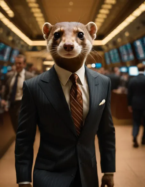 cinematic film still A sharply dressed weasel in a sleek pinstripe business suit exudes confidence as it gracefully navigates the bustling floor of the stock exchange. The image captures the weasel's piercing gaze, reflecting its shrewd nature. The high quality of the image accentuates the weasel's fine fur, each strand standing out with remarkable clarity. The vibrant colors of the stock exchange floor symbolize the dynamics of the financial world, creating a visually captivating and impactful composition. . shallow depth of field, vignette, highly detailed, high budget, bokeh, cinemascope, moody, epic, gorgeous, film grain, grainy