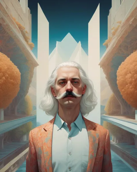 a man with long white hair and a moustache, Sentient generative art installations in the style of Jenny Sabin, immersive, textile-driven, AI's architectural textiles., Filip Hodas, edward hopper and james gilleard, a matte painting, american scene painting , Interwoven Realities: Todd Solondz's influence adds depth to an ornate tableau, with Angela Deane's patterns merging seamlessly with Martine Johanna's highly detailed characters.