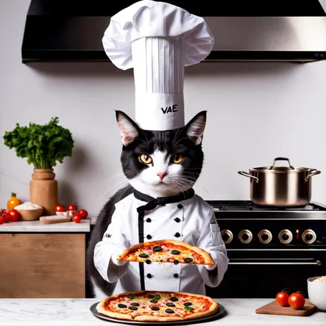 a cat chef is baking a pizza with the text "VAE" on it in an ofen