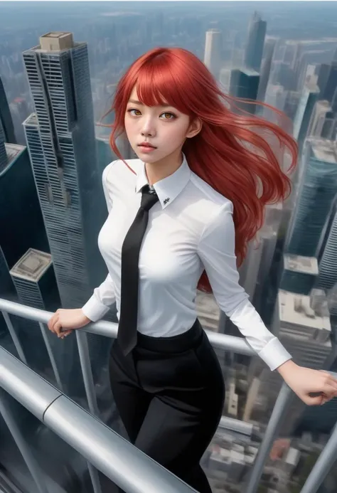 <lora:makima_loraxl:0.7>, ((best quality)), ((masterpiece)), (detailed), ((1girl, makima, adult, windy, standing on top of a skyscraper, floating hair, red hair)), standing, white shirt, black tie, ringed eyes