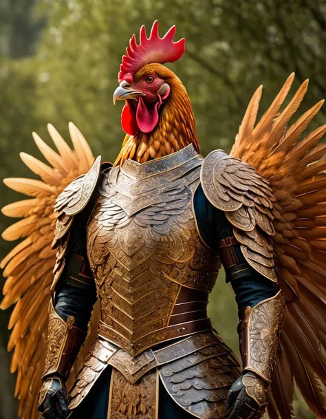 Wedding Photography An image capturing Gilbert the war chicken stands tall and proud, decked out in intricately detailed armor. The armor gleams in the sunlight, showcasing the craftsmanship and attention to detail. Each feather appears to be carefully protected, with delicately etched patterns etched into the sturdy metal plates. The image boasts high quality, allowing viewers to appreciate every intricate detail of Gilbert's armored ensemble. It is a visually stunning portrayal of a fierce and majestic chicken ready for battle., Wedding Photography, often for bridal captures, romantic scenes, or wedding celebrations.