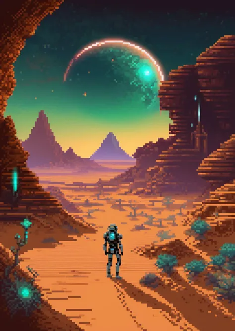 (( screenshot from a game of 90s , Biohacker's lab, scientists experimenting with blending organic matter and technology, pushing the boundaries of human evolution. , pixel art, 1996 gameplay )), in Interdimensional a photo Portrait of a Galactic archaeology AI muse , Urban utopia ,  Desert, Sand Dunes, Canyons, Oasis , Neon-lit atmosphere , Metaphysical , Techno shaman , Cyborg arena ,<lora:pixel-art-xl:1.0>
