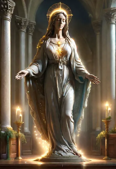 full body of virgin mary in a church with a holy light emanating from her body by wlop and greg rutkowski, in digital art illustration style. hyper detailed, smooth, sharp focus, trending on artstation, 4k