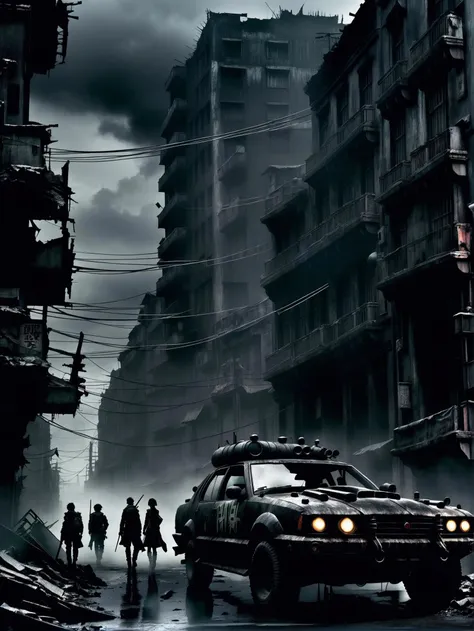 (dark anime art), post apocalyptical war car, dark city