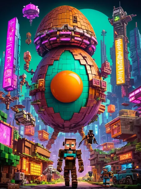 Minecraft style art of the cyberpunk-2077 game poster, art by Simon Stalenhag and by john Wilhelm (in a dystopian cyberpunk city:1.25), (portrait of an ultimate egg:1.5), dark theme, neon, (cybernetic argumentations:1.4), hate, pain. dark, gritty, cinematic light, award winning, realistic, extremely detailed, 8k, <lora:add-detail-xl:1> <lora:sd_xl_offset_example-lora_1.0:1> , Blocky, pixelated, vibrant colors, recognizable characters and objects, game assets, Minecraft style