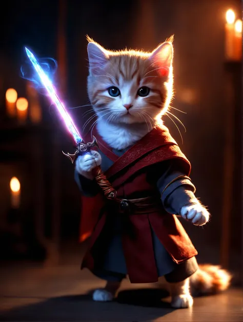 ((photo:1.2)), A cute cat mage, glowing fire sword, staff, dramatic lighting, dynamic pose, dynamic camera,masterpiece, best quality, dark shadows, ((dark fantasy)), detailed, realistic, 8k uhd, high quality